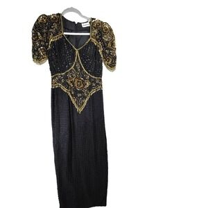 vintage 80s Le Monde Sequin Dress Beaded Formal Gown Party Cocktail Black Size 4